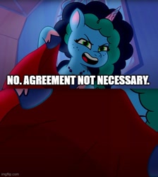 Size: 500x557 | Tagged: safe, edit, edited screencap, imported from derpibooru, screencap, pony, unicorn, spoiler:g5, spoiler:my little pony: tell your tale, spoiler:tyts01e39, bag, borat, g5, implied forced marriage, implied kidnapping, misty brightdawn, my little pony: tell your tale, under the mistytoe