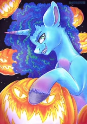 Size: 2443x3482 | Tagged: safe, artist:tokokami, imported from derpibooru, pony, unicorn, evil grin, g5, grin, halloween, holiday, jack-o-lantern, misty brightdawn, pumpkin, sharp teeth, smiling, solo, teeth