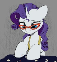 Size: 955x1038 | Tagged: safe, artist:melodylibris, imported from derpibooru, rarity, pony, unicorn, ball head pin, bust, curved horn, female, glasses, horn, looking at something, looking down, magic, magic aura, mare, measuring tape, messy mane, pin, rarity's glasses, solo, stray strand, telekinesis, working