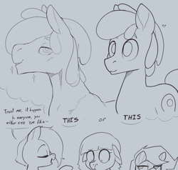 Size: 1680x1600 | Tagged: safe, artist:storyteller, imported from derpibooru, oc, oc:omelette, oc:rowdy spout, earth pony, pegasus, comparison, dialogue, eyeroll, female, male, mare, monochrome, sketch, speech bubble, stallion