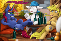 Size: 1750x1173 | Tagged: safe, artist:jamescorck, imported from derpibooru, oc, oc only, oc:dreamy daze, oc:flicker feather, oc:stable reins, alcohol, beer bottle, bottle, hooves up, implied princess celestia, implied shining armor, implied shipping, male, pub, table, trio, trio male, unshorn fetlocks