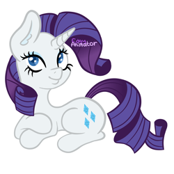 Size: 2000x2000 | Tagged: safe, artist:edgyanimator, imported from derpibooru, rarity, pony, unicorn, blue eyes, blue eyeshadow, crossed arms, cute, digital art, ear fluff, eyeshadow, female, firealpaca, full body, high res, horn, looking up, lying down, makeup, mare, png, prone, purple hair, simple, simple background, smiling, solo, tail, watermark, white background, white coat