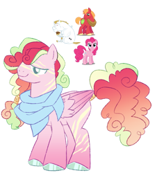 Size: 1131x1250 | Tagged: safe, artist:innocent-dreamies, imported from derpibooru, big macintosh, bulk biceps, pinkie pie, oc, earth pony, pegasus, pony, clothes, colored pupils, multiple parents, offspring, parent:big macintosh, parent:bulk biceps, parent:pinkie pie, pegasus oc, scarf, simple background, transparent background