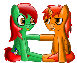 Size: 1347x1101 | Tagged: safe, artist:mudkip91/tetrahedron, imported from derpibooru, oc, oc only, oc:prince nick, oc:tetrahedron, pegasus, pony, derpibooru community collaboration, 2023 community collab, :p, cutie mark, dracony alicorn, hoofbump, lighting, shading, simple background, sitting, smiling, smug, tail, tail wrap, tongue out, transparent background