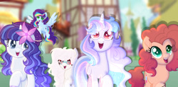 Size: 1280x631 | Tagged: safe, artist:selenavivacity, imported from derpibooru, oc, oc:bright aquamarine, oc:dust skies, oc:selena vivacity, oc:spring cherry, oc:strawberry shortcake, alicorn, dracony, earth pony, hybrid, pegasus, pony, unicorn, alicorn oc, base used, female, flower, flower in hair, glasses, horn, interspecies offspring, magical lesbian spawn, mare, offspring, parent:bulk biceps, parent:cheese sandwich, parent:fancypants, parent:fluttershy, parent:pinkie pie, parent:rainbow dash, parent:rarity, parent:spike, parent:twilight sparkle, parents:cheesepie, parents:flutterbulk, parents:raripants, parents:sparity, parents:twidash, ponyville, spread wings, wings