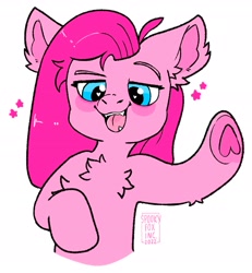 Size: 1639x1772 | Tagged: safe, artist:spookyfoxinc, imported from derpibooru, pinkie pie, earth pony, pony, blush sticker, blushing, chest fluff, cute, ear fluff, fangs, female, half body, heart, heart eyes, hoof heart, mare, pinkamena diane pie, simple background, smiling, smirk, solo, stars, underhoof, white background, wingding eyes