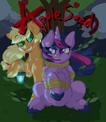 Size: 1001x1158 | Tagged: safe, artist:darkwatertopaz, imported from derpibooru, applejack, twilight sparkle, alicorn, earth pony, pony, fanfic:appleseed, bondage, crazy grin, crying, duo, fanfic art, female, kidnapped, rope, rope bondage, this will end in death, twilight sparkle (alicorn)