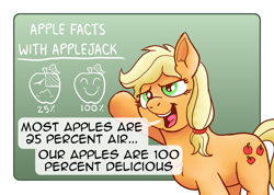 Size: 2499x1776 | Tagged: safe, artist:doodledonutart, imported from derpibooru, applejack, earth pony, pony, apple, chalkboard, dialogue, fact, facts, female, food, mare, open mouth, open smile, pie chart, smiling, solo, speech bubble