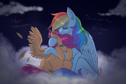 Size: 3000x2000 | Tagged: safe, artist:htotnesnahac, imported from derpibooru, rainbow dash, scootaloo, pegasus, pony, cloud, comforting, crying, dialogue, duo, duo female, female, filly, foal, mare, scootalove, sky