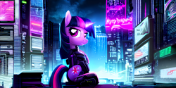 Size: 4096x2048 | Tagged: safe, derpibooru exclusive, edit, imported from derpibooru, prompter:mfg637, twilight sparkle, cyborg, pony, unicorn, ai content, ai generated, city, cyberpunk, female, generator:purplesmart.ai, generator:stable diffusion, neon, night, science fiction, solo, upscaled, wallpaper, widescreen