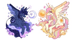 Size: 1366x752 | Tagged: dead source, safe, artist:regenko, imported from derpibooru, princess celestia, princess luna, alicorn, pony, alternate hairstyle, chest fluff, duo, duo female, female, leonine tail, moon, redesign, royal sisters, siblings, simple background, sisters, spread wings, sun, tail, white background, wings