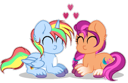 Size: 589x382 | Tagged: safe, artist:existencecosmos188, imported from derpibooru, sunny starscout, oc, oc:shield wing, alicorn, earth pony, pony, alicorn oc, base used, canon x oc, duo, eyes closed, g5, horn, male, simple background, stallion, transparent background, unshorn fetlocks, wings