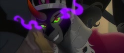 Size: 2000x854 | Tagged: safe, artist:ghoulhowls, edit, edited screencap, imported from derpibooru, screencap, king sombra, unicorn, my little pony: the movie, character swap, clothes, fangs, jewelry, looking at you, male, open mouth, regalia, smiling, smirk, sombra eyes, stallion, stupid sexy sombra, the crystal empire 10th anniversary