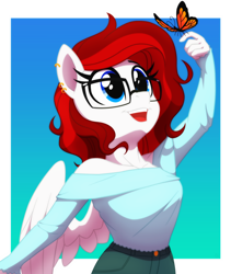 Size: 1620x1920 | Tagged: safe, artist:whitequartztheartist, imported from derpibooru, oc, anthro, butterfly, pegasus, pony, anthro oc, simple background, solo