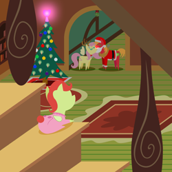 Size: 2160x2160 | Tagged: safe, anonymous artist, imported from derpibooru, big macintosh, fluttershy, oc, oc:late riser, earth pony, pegasus, pony, series:fm holidays, series:hearth's warming advent calendar 2022, advent calendar, animal costume, baby, baby pony, bell, bell collar, christmas, christmas tree, clothes, collar, colt, costume, eyes closed, fake antlers, fake beard, female, fluttermac, fluttershy's cottage, foal, footed sleeper, footie pajamas, hat, high res, holiday, kiss on the lips, kissing, lineless, male, mare, mistletoe, offspring, onesie, pajamas, parent:big macintosh, parent:fluttershy, parents:fluttermac, pointy ponies, red nose, reindeer costume, santa costume, santa hat, shipping, stairs, stallion, straight, tree, watching