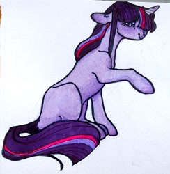 Size: 2308x2360 | Tagged: safe, artist:cherryseas, imported from derpibooru, twilight sparkle, pony, unicorn, female, mare, missing cutie mark, raised hoof, solo, traditional art, unicorn twilight