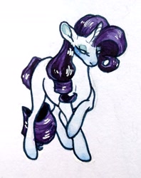 Size: 1852x2344 | Tagged: safe, artist:cherryseas, imported from derpibooru, rarity, pony, unicorn, female, mare, missing cutie mark, raised hoof, solo, traditional art