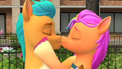 Size: 3840x2160 | Tagged: safe, artist:andrescortez7, imported from derpibooru, hitch trailblazer, sunny starscout, earth pony, pony, 3d, duo, eyes closed, female, g5, kiss on the lips, kissing, male, mare, shipping, source filmmaker, stallion, straight, sunnyhitch