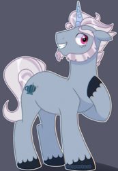 Size: 2665x3861 | Tagged: safe, artist:inayurinai01, imported from derpibooru, pony, unicorn, alphabittle blossomforth, beard, facial hair, g4, g5, g5 to g4, generation leap, grin, male, raised hoof, smiling, stallion, unshorn fetlocks