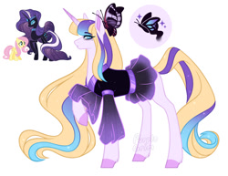 Size: 1024x789 | Tagged: safe, artist:purplegrim40, imported from derpibooru, fluttershy, nightmare rarity, oc, butterfly, pegasus, pony, unicorn, clothes, dress, female, magical lesbian spawn, mare, oc focus, offspring, parent:fluttershy, parent:nightmare rarity, parent:rarity, parents:flarity, simple background, solo focus, white background