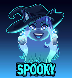 Size: 1024x1098 | Tagged: safe, artist:purplegrim40, imported from derpibooru, oc, oc only, earth pony, pony, :d, bust, earth pony oc, gradient background, hat, open mouth, open smile, smiling, solo, witch hat