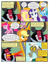 Size: 612x792 | Tagged: safe, artist:newbiespud, edit, edited screencap, imported from derpibooru, screencap, applejack, discord, fluttershy, lord tirek, pinkie pie, rainbow dash, rarity, spike, centaur, draconequus, dragon, earth pony, pegasus, pony, taur, unicorn, comic:friendship is dragons, twilight's kingdom, cage, comic, dialogue, eyelashes, female, male, mare, outdoors