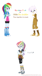 Size: 704x1256 | Tagged: safe, artist:prettycelestia, imported from twibooru, gilda, rainbow dash, hybrid, clothes, fusion, image, jeans, jewelry, lipstick, multiple arms, pants, png, ring, winter boots, winter jacket