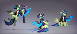 Size: 4998x2232 | Tagged: safe, artist:ramiras, imported from derpibooru, oc, oc:adroga, pegasus, pony, amputee, artificial wings, augmented, clothes, prosthetic limb, prosthetic wing, prosthetics, solo, uniform, wings, wonderbolt trainee uniform