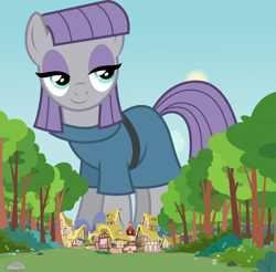 Size: 1280x1262 | Tagged: safe, artist:cencerberon, imported from derpibooru, maud pie, earth pony, pony, female, giant pony, giant/macro earth pony, giantess, house, looking at you, macro, macro/giant/mega maud pie, mare, mega giant, ponyville, sky, smiling, solo, sun, tree, when she smiles