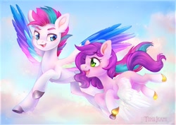 Size: 3507x2480 | Tagged: safe, artist:tokokami, imported from derpibooru, pipp petals, zipp storm, pegasus, pony, duo, female, flying, g5, royal sisters (g5), siblings, sisters