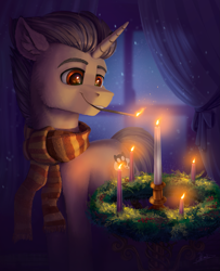 Size: 2357x2897 | Tagged: safe, artist:helmie-art, imported from derpibooru, oc, oc only, oc:saffronic shadow, pony, unicorn, advent, advent wreath, candle, candlelight, christmas, clothes, holiday, male, mouth hold, scarf, solo, stallion, striped scarf