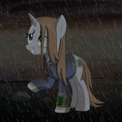 Size: 2000x2000 | Tagged: safe, artist:dddromm, imported from derpibooru, oc, oc only, oc:littlepip, pony, unicorn, fallout equestria, clothes, female, grin, high res, jumpsuit, mare, pipbuck, rain, raised hoof, smiling, solo, stone, vault suit, wet, wet mane