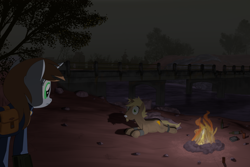 Size: 3000x2000 | Tagged: safe, artist:dddromm, imported from derpibooru, oc, oc only, oc:littlepip, oc:monterey jack, pony, unicorn, fallout equestria, bondage, bottle, bound and gagged, bridge, campfire, cuffs, duo, fanfic art, female, gag, high res, lying down, male, mare, prone, stallion