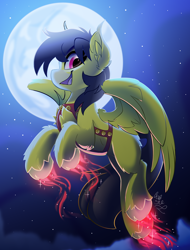Size: 1900x2500 | Tagged: safe, artist:starcasteclipse, imported from derpibooru, pegasus, pony, commission, flying, glowing, glowing hooves, harness, jingle bells, moon, open mouth, open smile, smiling, solo, tack, ych result