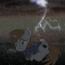 Size: 2000x2000 | Tagged: safe, artist:dddromm, imported from derpibooru, oc, oc only, oc:littlepip, pony, unicorn, fallout equestria, clothes, ducking, fanfic art, female, high res, jumpsuit, lightning, mare, nose wrinkle, pipbuck, rain, rock, scared, scrunchy face, solo, terrified, vault suit