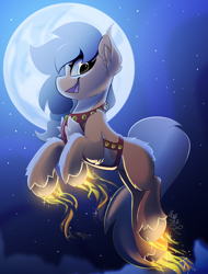 Size: 1900x2500 | Tagged: safe, artist:starcasteclipse, imported from derpibooru, earth pony, pony, commission, flying, glowing, glowing hooves, harness, jingle bells, moon, open mouth, open smile, smiling, solo, tack, ych result