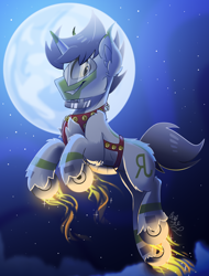 Size: 1900x2500 | Tagged: safe, artist:starcasteclipse, imported from derpibooru, oc, oc only, oc:greenline, object pony, original species, pony, train pony, unicorn, commission, flying, glowing, glowing hooves, grin, harness, jingle bells, moon, smiling, solo, tack, train, wheel, ych result