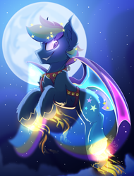 Size: 1900x2500 | Tagged: safe, artist:starcasteclipse, imported from derpibooru, oc, oc only, oc:prism star, bat pony, pony, commission, flying, glowing, glowing hooves, grin, harness, jingle bells, moon, smiling, solo, tack, ych result