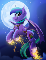 Size: 1900x2500 | Tagged: safe, artist:starcasteclipse, imported from derpibooru, oc, oc only, bat pony, pony, commission, flying, glowing, glowing hooves, harness, jingle bells, moon, open mouth, open smile, smiling, solo, tack, ych result
