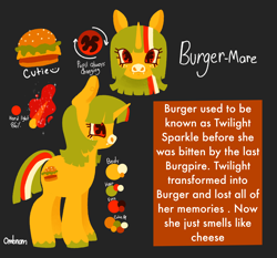 Size: 2048x1911 | Tagged: safe, artist:ombnom, imported from derpibooru, oc, oc only, oc:burger mare, pony, unicorn, black background, implied twilight sparkle, reference sheet, simple background, solo