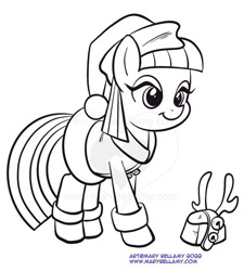 Size: 541x600 | Tagged: safe, artist:marybellamy, imported from derpibooru, maud pie, pony, antlers, boulder (g4), christmas, clothes, costume, cute, hat, holiday, lineart, patreon, patreon reward, reindeer antlers, santa costume, santa hat, simple background, smiling, when she smiles, white background