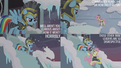 Size: 4400x2475 | Tagged: safe, edit, edited screencap, editor:quoterific, imported from derpibooru, screencap, commander hurricane, fluttershy, private pansy, rainbow dash, pegasus, pony, hearth's warming eve (episode), season 2, armor, snow, snowfall