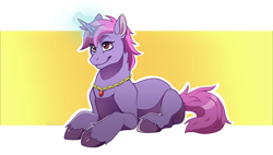 Size: 3000x1704 | Tagged: safe, artist:verkrai, imported from derpibooru, oc, oc only, oc:samantha mosely, pony, unicorn, commissioner:wafertwo, ears up, female, lying down, magic, mare, sitting, smiling, solo