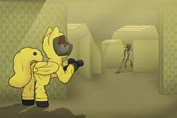 Size: 3000x2000 | Tagged: safe, artist:aaathebap, imported from derpibooru, oc, oc only, oc:aaaaaaaaaaa, bat pony, pony, butt, flashlight (object), hazmat suit, male, monster, plot, scared, solo, the backrooms