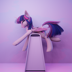 Size: 2048x2048 | Tagged: safe, artist:valiant studios, imported from derpibooru, oc, oc only, oc:twilight (dimensional shift), alicorn, pony, 3d, 3d model, alicorn oc, blender, blender eevee, book, cute, eyes closed, horn, open mouth, open smile, smiling, solo, vs twi, wings