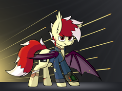 Size: 2571x1920 | Tagged: safe, artist:aaathebap, imported from derpibooru, oc, oc only, oc:aaaaaaaaaaa, bat pony, pony, fallout equestria, bandage, bleeding, blood, clothes, cut, fallout, jumpsuit, looking at you, pipbuck, solo, vault suit