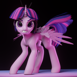 Size: 2048x2048 | Tagged: safe, artist:saphire-systrine, artist:valiant studios, imported from derpibooru, oc, oc only, oc:twilight (dimensional shift), alicorn, pony, 3d, 3d model, alicorn oc, angry, blender, blender eevee, horn, solo, wings