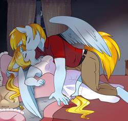 Size: 3552x3361 | Tagged: safe, alternate version, artist:kikiluv, imported from derpibooru, oc, oc only, oc:graceful charity, oc:gregorius, alicorn, anthro, unguligrade anthro, alicorn oc, bed, bedsheets, clothes, commission, detailed background, dress, duo, eyes closed, female, hair pulling, high res, horn, horns are touching, kiss on the lips, kissing, kneeling, lying down, making out, male, multiple variants, night, oc x oc, on back, pants, passionate, pillow, polo shirt, rule 63, self paradox, self ponidox, selfcest, shipping, socks, spread wings, stockings, straight, sundress, thigh highs, window, wings