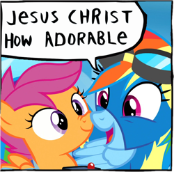 Size: 680x672 | Tagged: safe, edit, edited edit, edited screencap, editor:maonyman, imported from derpibooru, screencap, rainbow dash, scootaloo, pegasus, pony, parental glideance, boop, close-up, clothes, dialogue, duo, duo female, female, happy, jesus christ how horrifying, looking at each other, looking at someone, mare, nose wrinkle, noseboop, open mouth, reaction image, scootalove, smiling, speech bubble, uniform, wonderbolts uniform
