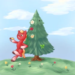 Size: 4096x4096 | Tagged: safe, artist:felldeal, imported from derpibooru, sprout cloverleaf, earth pony, pony, series:daily drawing december, bipedal, christmas, g5, holiday, male, smiling, solo, stallion, tree, when he smiles